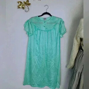 VINTAGE NANCY KING LINGERIE Silky House Dress Mint Green Lace EUC Large USA made